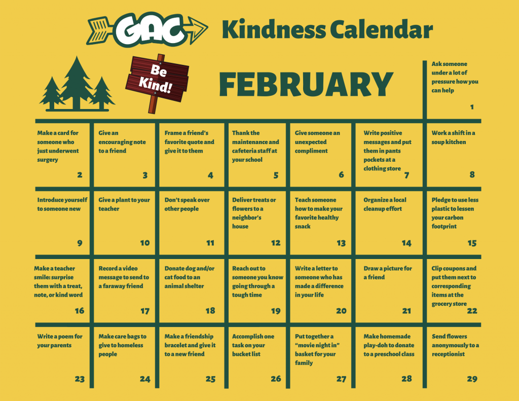 February Kindness Calendar Gold Arrow Camp California Summer Camp
