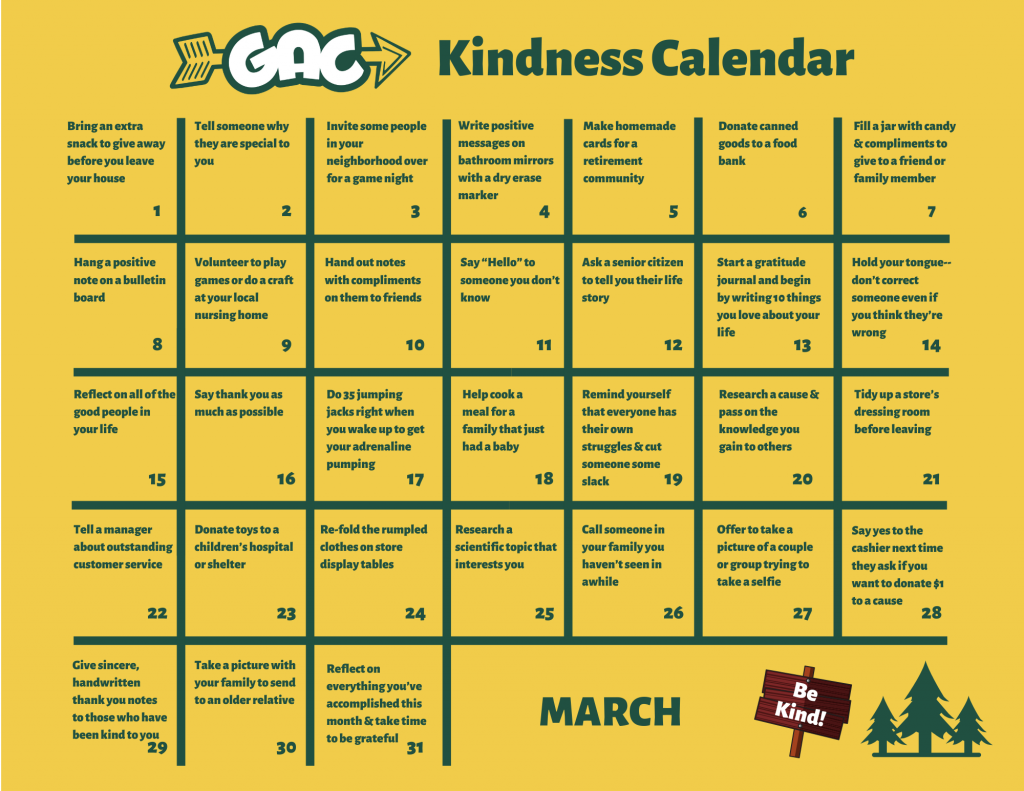 March Kindness Calendar Gold Arrow Camp California Summer Camp and