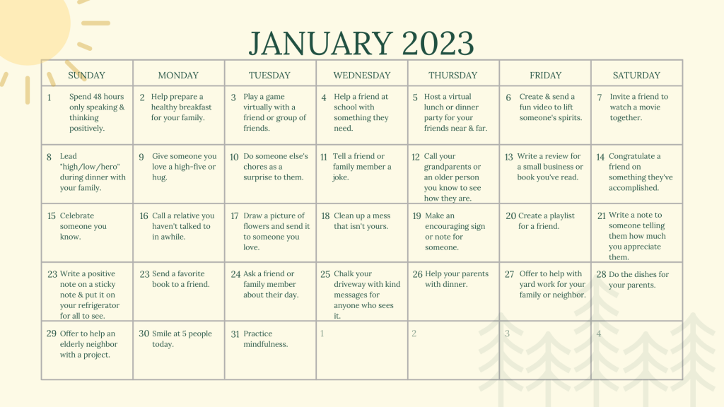 January Kindness Calendar Gold Arrow Camp California Summer Camp