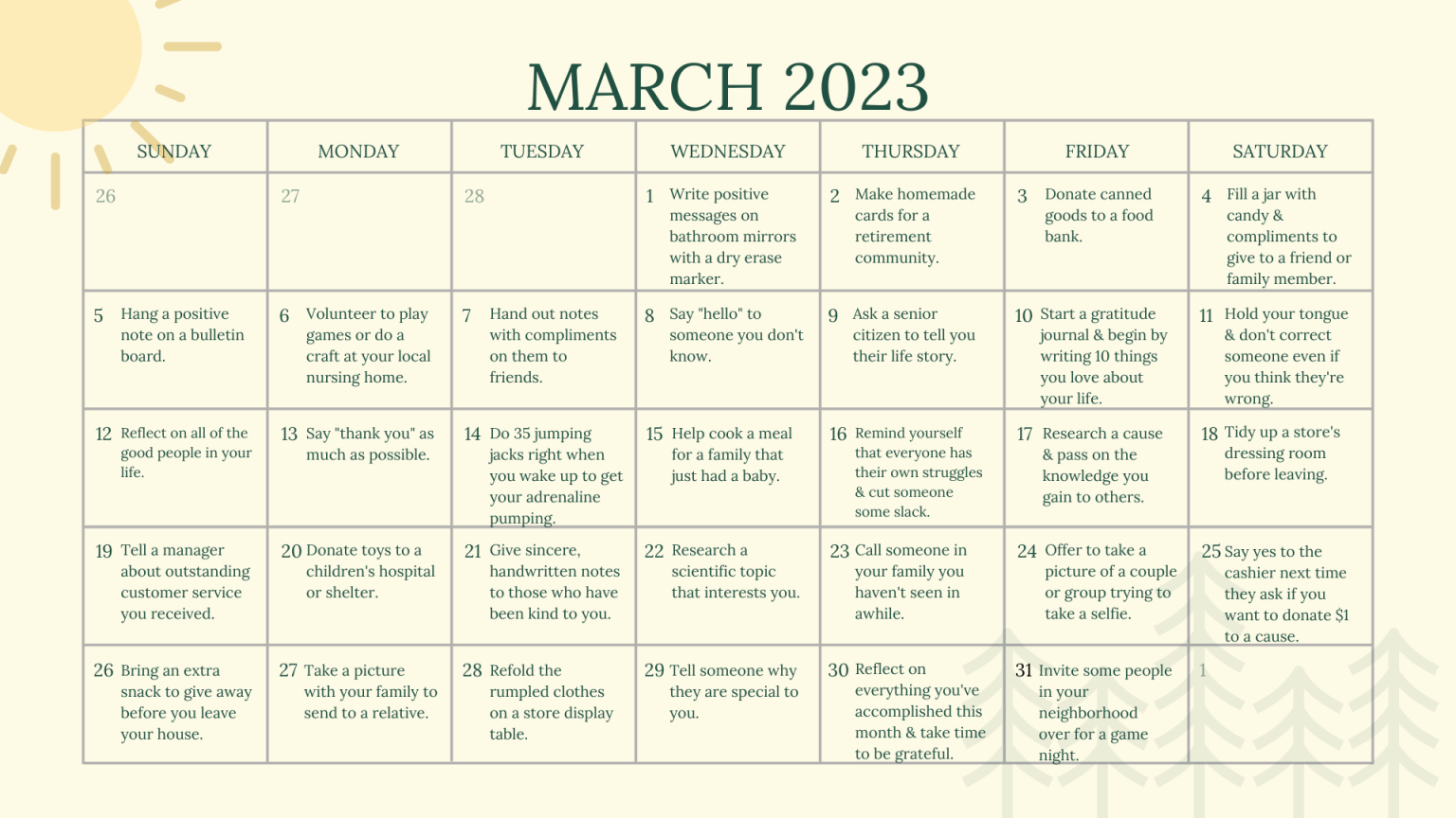 March Kindness Calendar Gold Arrow Camp California Summer Camp and