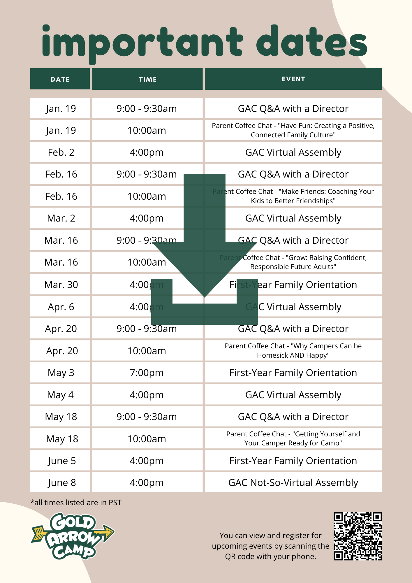 2022 GAC Events Calendar Gold Arrow Camp California Summer Camp and