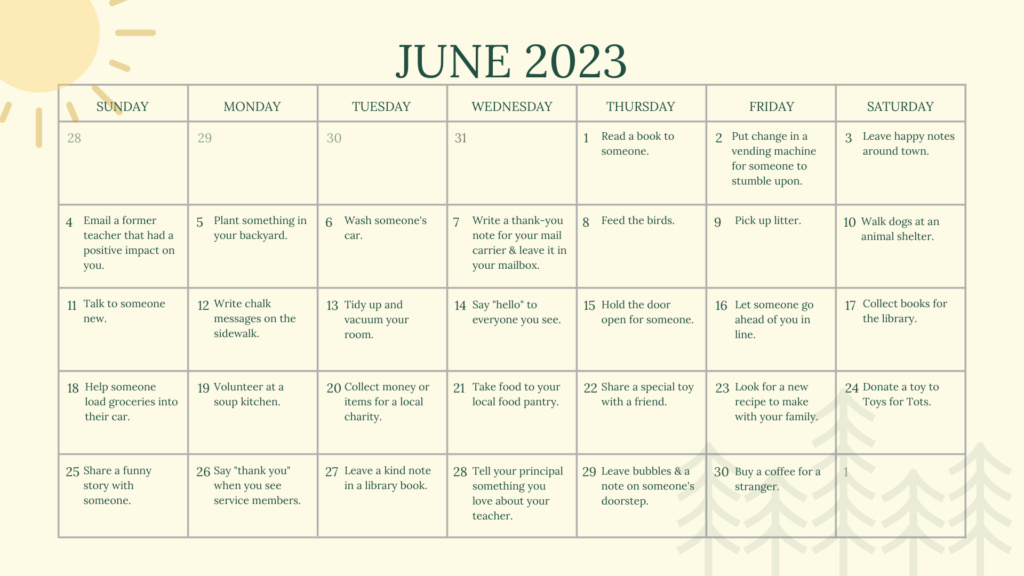 June Kindness Calendar Gold Arrow Camp California Summer Camp and