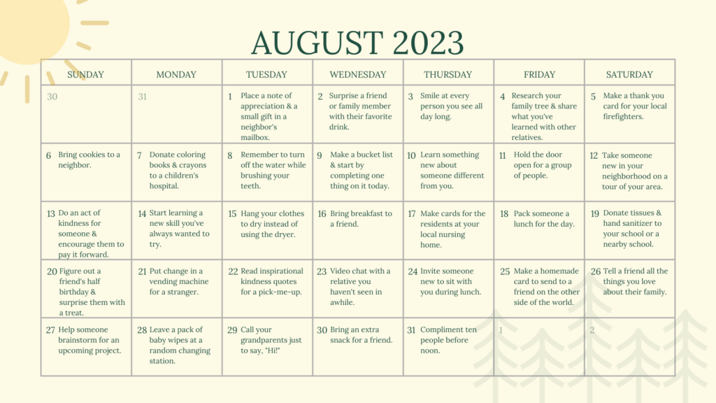 August Kindness Calendar Gold Arrow Camp California Summer Camp and